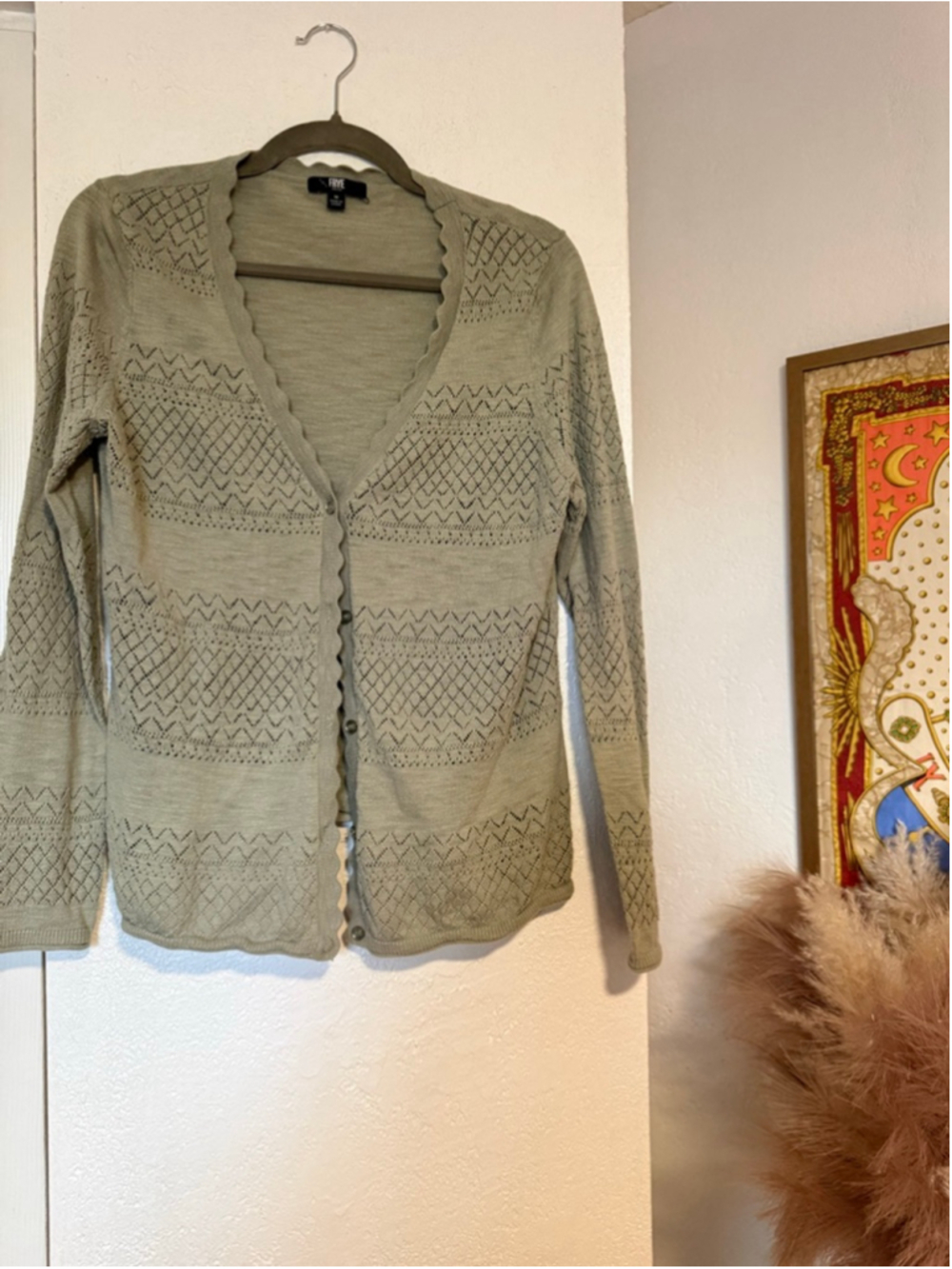 Preowned, Frye Pointelle Lightweight Scallop Trim Cardigan, sage green,Medium